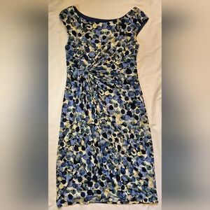 Connected Womens Blue And Yellow Dot Faux Wrap Sleeveless Ruched Dress Size 6